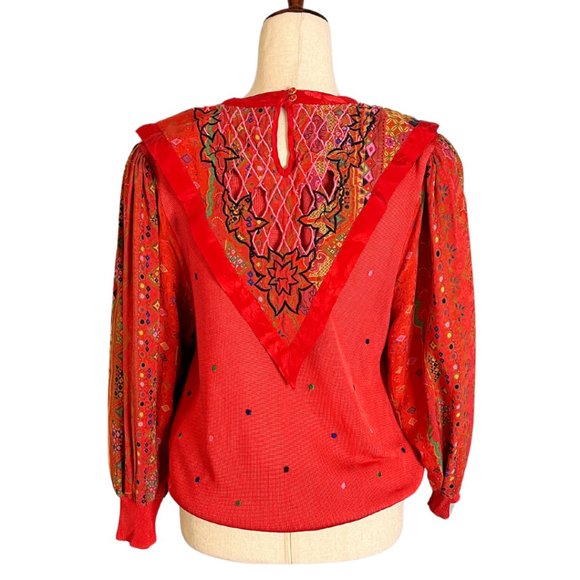 Vintage Diane Freis Long Sleeve Mixed Media Blouse Statement Collar Silk Red - Picture 2 of 12